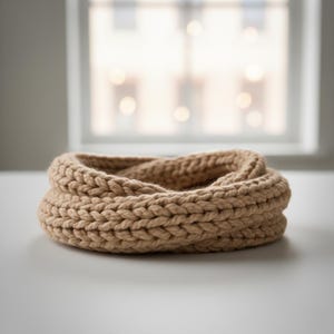 Può includere: Un collo a maglia grossa beige. La sciarpa è realizzata con filato spesso ed è progettata per essere indossata intorno al collo. La trama a maglia è chiaramente visibile. L'articolo sembra fatto a mano.