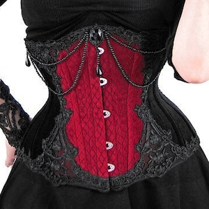 Velvet underbust corset black red VEIL vampire lace victorian witch STEEL BONES waist beads teardrop