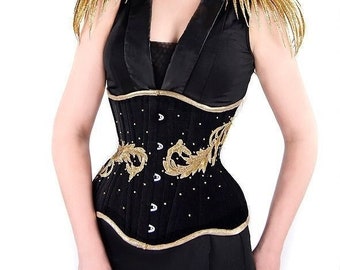 Black golden velvet underbust corset lace gothic goth waisttraining tightlacing steel boned burlesque beads guipure