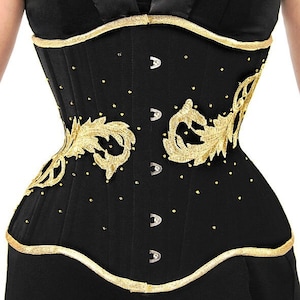 Black golden velvet underbust corset lace gothic goth waisttraining tightlacing steel boned burlesque beads guipure