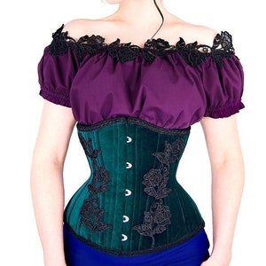 PETROL velvet underbust CORSET black lace tuquise gothic goth waisttraining tightlacing steel boned flowers