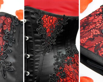 Velvet Real CORSET Red Black OVERBUST Lace Guipure GOTHIC Victorian Vampire  Tight Lacing Wine Waist 