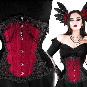 Velvet underbust corset black red VEIL vampire lace victorian witch STEEL BONES waist beads teardrop