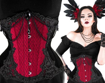 Velvet underbust corset black red VEIL vampire lace victorian witch STEEL BONES waist beads teardrop