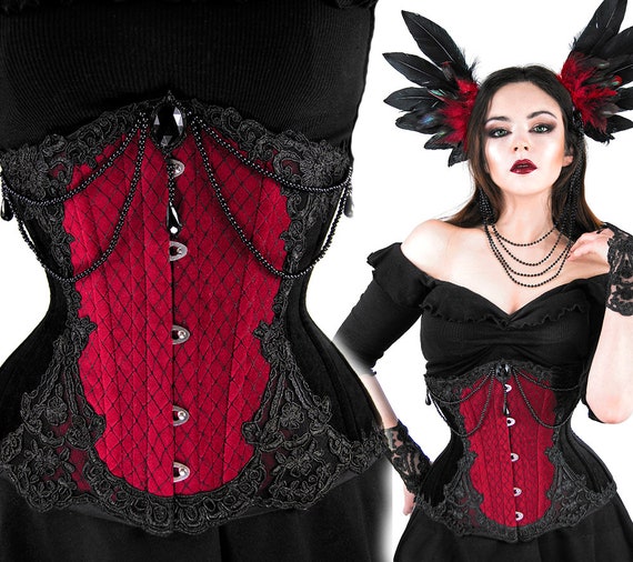 Velvet Underbust Corset Black Red VEIL Vampire Lace Victorian Witch STEEL  BONES Waist Beads Teardrop 