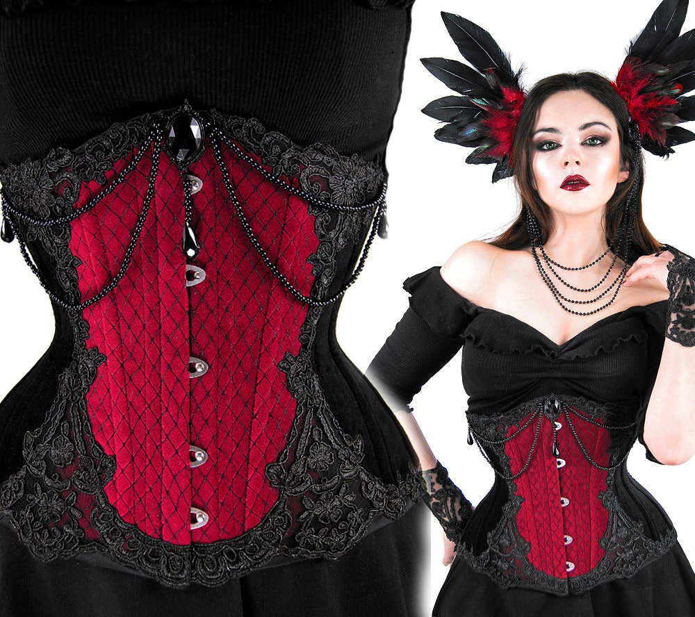 Velvet Underbust Corset Black Red VEIL Vampire Lace Victorian Witch STEEL  BONES Waist Beads Teardrop -  Canada