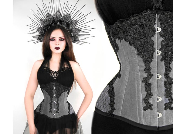GRAY Velvet Underbust CORSET Veil Black Lace Rhinestone Gothic Goth  Waisttraining Tightlacing Steel Boned Beads -  Canada