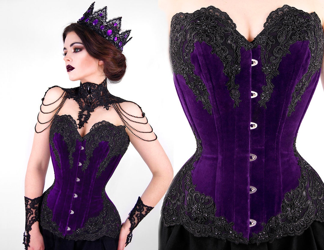Purple Velvet Real CORSET Black Rhinestone OVERBUST Beads Lace Guipure  GOTHIC Victorian Violet Tight Lacing Waist 