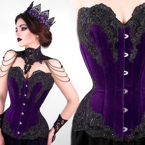 Purple Velvet real CORSET  black rhinestone OVERBUST beads lace guipure GOTHIC victorian violet tight lacing waist
