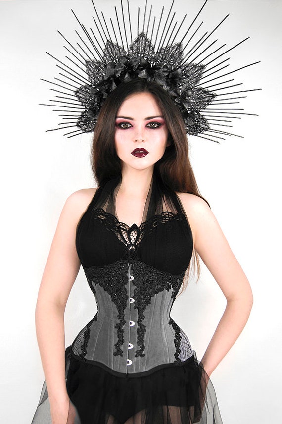 GRAY Velvet Underbust CORSET Veil Black Lace Rhinestone Gothic Goth  Waisttraining Tightlacing Steel Boned Beads -  Canada