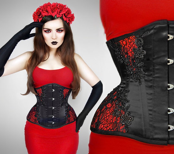 Black Underbust Red Real Corset Tigh Lacing Venice Lace Guipure