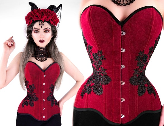 Velvet Real CORSET Red Black OVERBUST Lace Guipure GOTHIC Victorian Vampire  Tight Lacing Wine Waist -  Canada