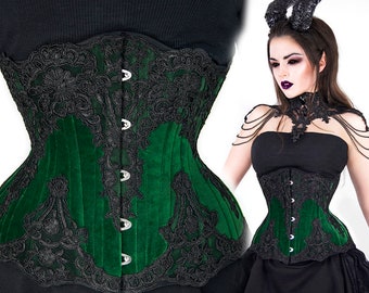 Green velvet underbust corset black lace gothic goth waisttraining tightlacing steel boned fairy AURORA