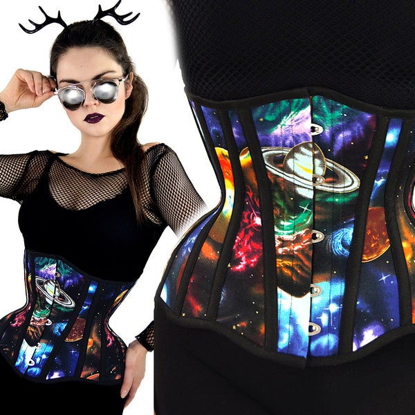 GALAXY underbust corset cyber gothic nu goth waisttraining tightlacing steel boned steampunk cosmos rainbow