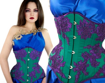 LONGUE corset sous la poitrine turquoise dentelle violette guipure violette romantique goth gothique STEEL BONES taille entraînement laçage serré