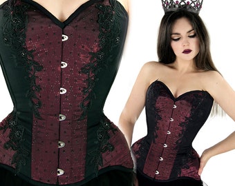 Bordeaux satin real CORSET  black rhinestone OVERBUST beads lace guipure GOTHIC victorian violet tight lacing waist royal maroon