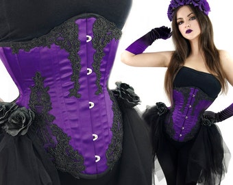 CORSET underbust longline purple violet guipure lace tulle skirt black roses goth gothic STEEL BONES waist training tight lacing