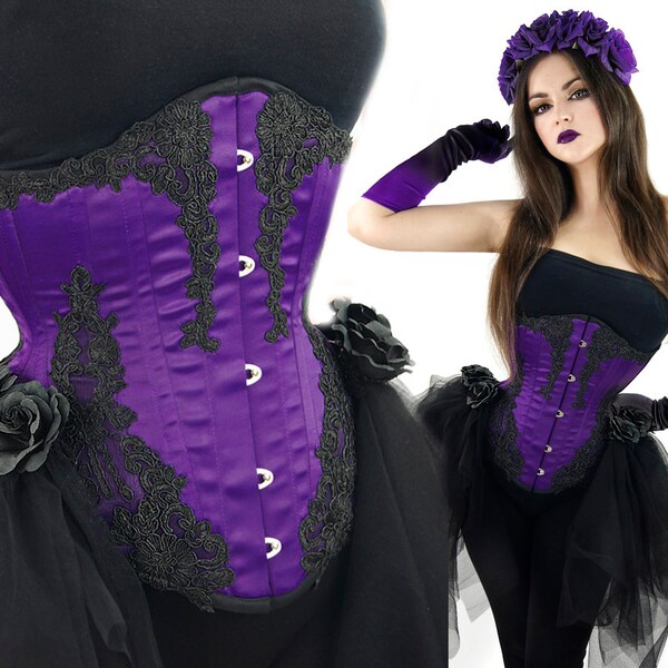 CORSET underbust longline purple violet guipure lace tulle skirt black roses goth gothic STEEL BONES waist training tight lacing