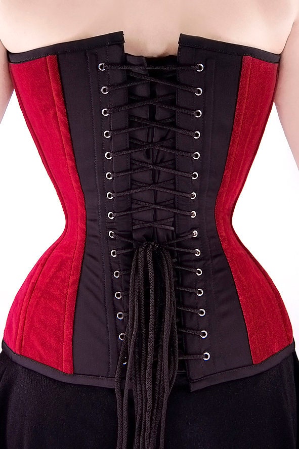 Velvet Real CORSET Red Black OVERBUST Lace Guipure GOTHIC Victorian Vampire  Tight Lacing Wine Waist 