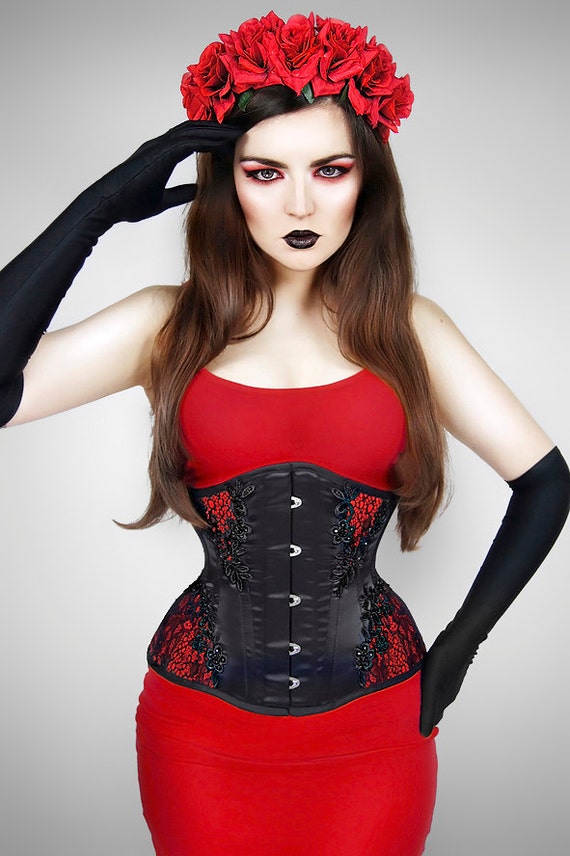 Black Underbust Red Real Corset Tigh Lacing Venice Lace Guipure