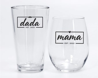 Mama and Dada Est 2024 beer wine set, new parents gift set, mama wine glass, fathers day gift, new mom and dad, Christmas gift for mom