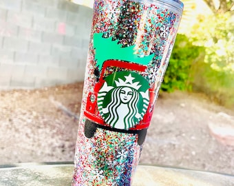 Red Truck snow globe tumbler, Christmas snow globe tumbler, glitter Starbucks tumbler, red truck Christmas tumbler, Christmas gift for women