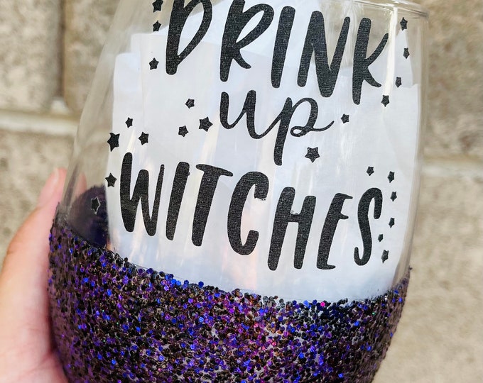 Featured listing image: Drink up Witches wine glass, Halloween glitter wine glass, Halloween wine, Halloween drink glass, personalized wine glass, glitter wine cup