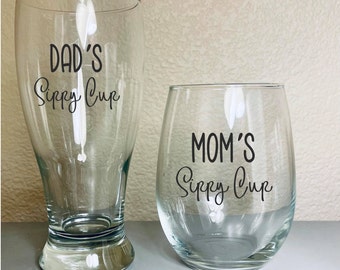 Moms Sippy cup, dads sippy cup, mom and dad glasses, mom wine glass, dad beer glass, new parents gift, Christmas gift, new dad gifts