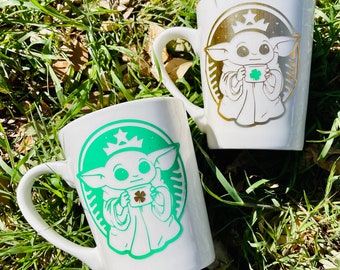 Baby Yoda Coffee Cup, the child, St Patrick’s Day, starbucks style coffee cup, baby yoda, star wars, disney, coffee cup, st pattys day, luck