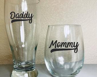 Mommy and Daddy Sporty beer wine glass set, mommy wine glass, daddy beer glass, new parents gift, new parent support,