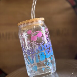 Summer vibes iced coffee glass, glass with lid and straw, beach lover gift,  teacher end of year gift, mothers day gift,
