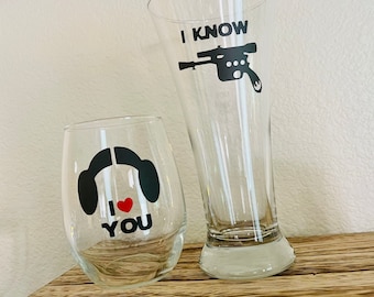 I love you I know wine glasses, I love you I know glasses, Hans Solo I know, Princess Leia I love you, couples wine glasses, couples gifts