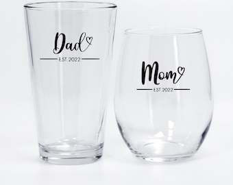 Mom and Dad Est 2024 beer wine set, new parents gift set,  mothers day gift mug, new mom and dad, mommy wine glass,