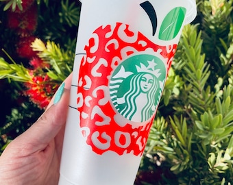 Teacher Starbucks cup, leopard Starbucks cup, teacher apple personalize, personalized Starbucks cup, teacher appreciation gift,