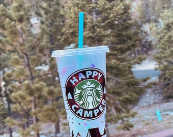 Happy Camper Cup, Camping cold cup, buffalo plaid coffee cup, camping cup personalized, mama bear starbucks cup, reusable starbucks cold cup