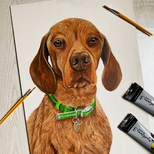 以下が含まれることがあります： 緑の首輪をした茶色と白の犬の絵。犬は直接鑑賞者を見つめている。絵は白いキャンバスに描かれている。