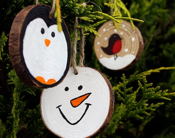 Log Slice Christmas Baubles, Snowman Bauble, Robin, Penguin Tree Hanging, Cute Decorations, Xmas Themed