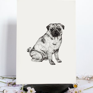 Stampa artistica di un carlino, stampa di un carlino in formato A5, stampa personalizzata di un carlino, stampa semplice, decorazione da parete lucida, bianco e nero