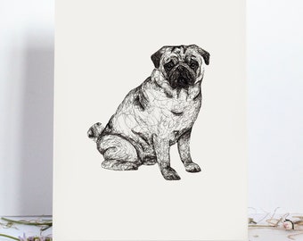 Pug Art Print, A5 Pug Print, Personalised Pug Print, Simple Print, Glossy Wall Decor, Black & White
