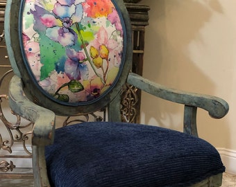 Custom Floral  and Navy Chair on Castors