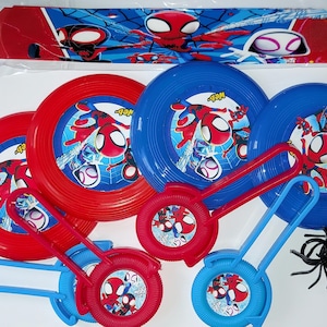 Spidey- 4 Wristbands, 4 Mini Flying Discs, 4 Spider Rings, 4 Disc Shooters- Party Favors Pack Birthday Pinata Spiderman