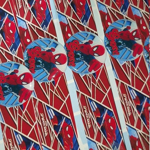 Peut inclure: Un ensemble de sacs de f&ecirc;te sur le th&egrave;me de Spider-Man, de couleur rouge et bleue, avec un personnage de Spider-Man rouge et bleu sur chaque sac. Les sacs portent l'inscription "Go, Spider-Man !" imprim&eacute;e dessus.