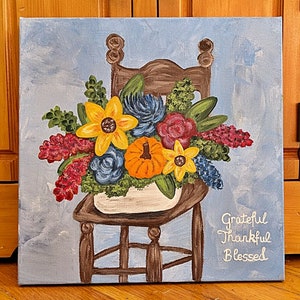 Canvas Sign, Fall Canvas Art, Grateful Thankful Blessed, Floral Chair, Fall Flowers, Flower Art Sign, Sunflowers, Pumpkin