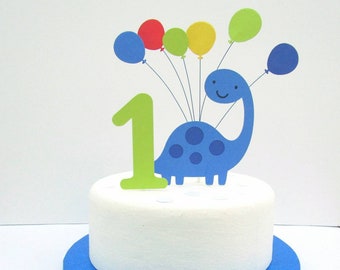 Cake Topper.  Can be made with any age and colour.  Beautiful cake decoration. Dinosaur & Balloons.