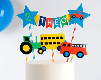 Birthday Cake Bunting Topper Personalised. Car, Tractor, Bus, Fire Engine, Emergency Vehicles, Construction, Train & Plane, Monster Trucks.