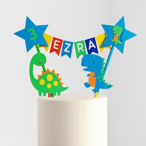 Handmade Personalised Custom Bunting Cake Topper - Dinosaurs, Boys Birthday Party Centrepiece.  Bright Primary Colours with Stars, Name Age.