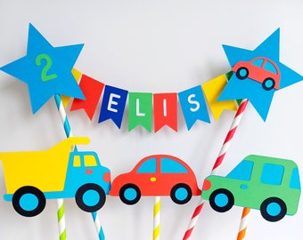 Handmade Personalised Birthday Cake Bunting Topper. Car, Truck.  Bright Colours