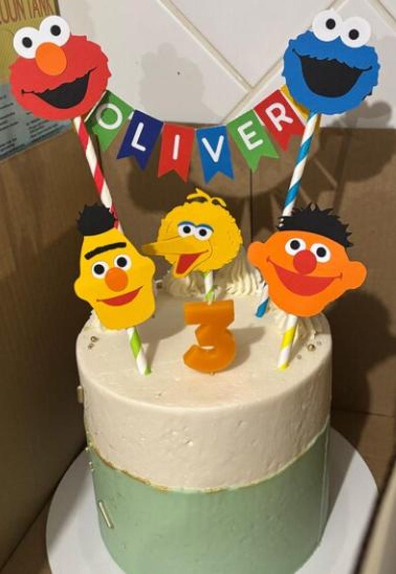 Handmade Personalised Bunting Cake Topper - Sesame Street Design. Elmo, Cookie Monster, Big Bird, Ernie, Bert Birthday Cake Decoration image 18