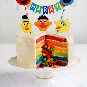 May include: A rainbow layered cake with a white frosting and a Sesame Street theme. The cake is decorated with a banner that says "HARRY" and Sesame Street character toppers. The cake is filled with colorful candies.