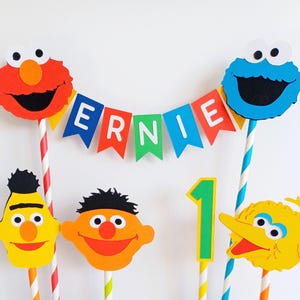 Handmade Personalised Bunting Cake Topper - Sesame Street Design. Elmo, Cookie Monster, Big Bird, Ernie, Bert Birthday Cake Decoration image 1